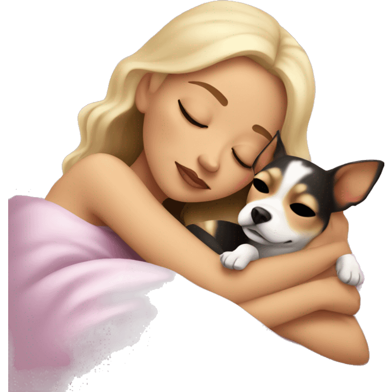 a white sking girl sleeping with her chihuahua  emoji