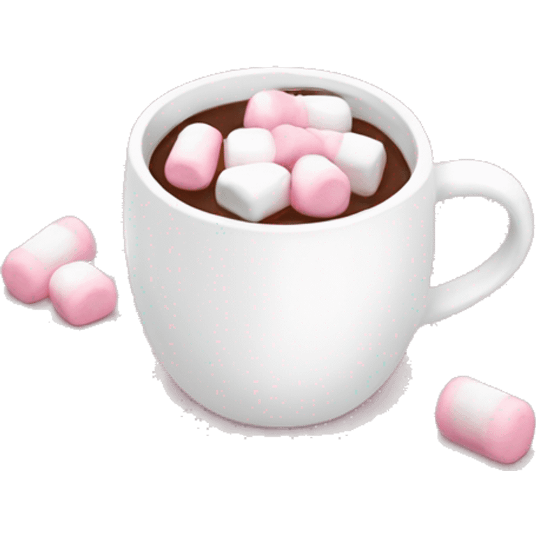 White mug with a pink bow handle filled with hot chocolate and baby pink and white marshmallows emoji