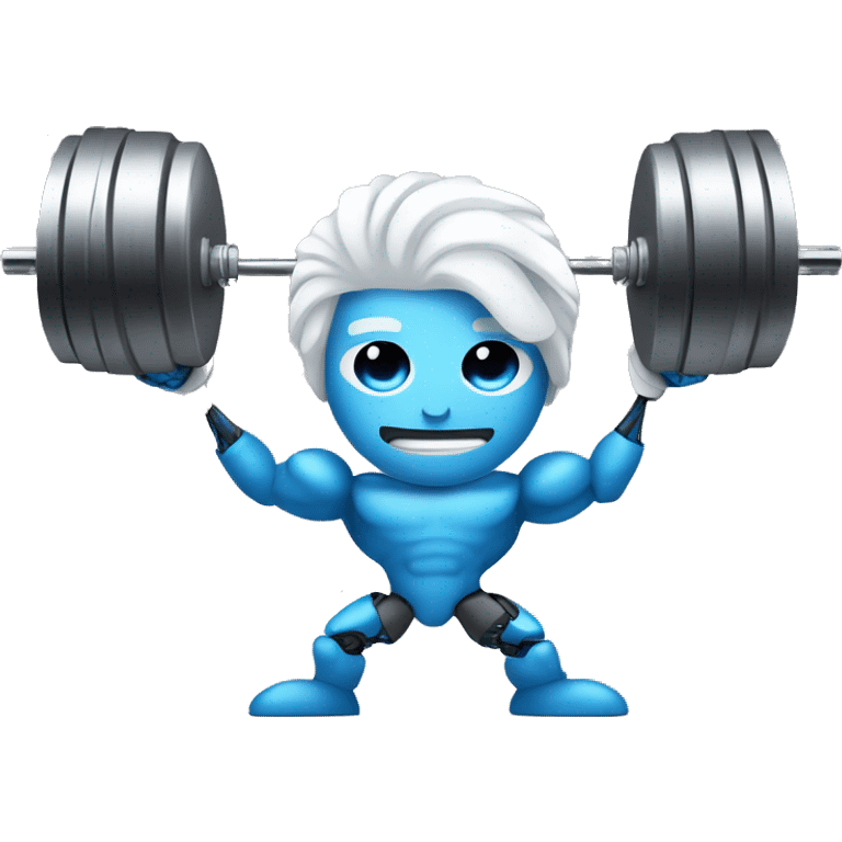 Strong bionic robot man with amazing hair white hair and beard and blue human eyes lifting weights   emoji