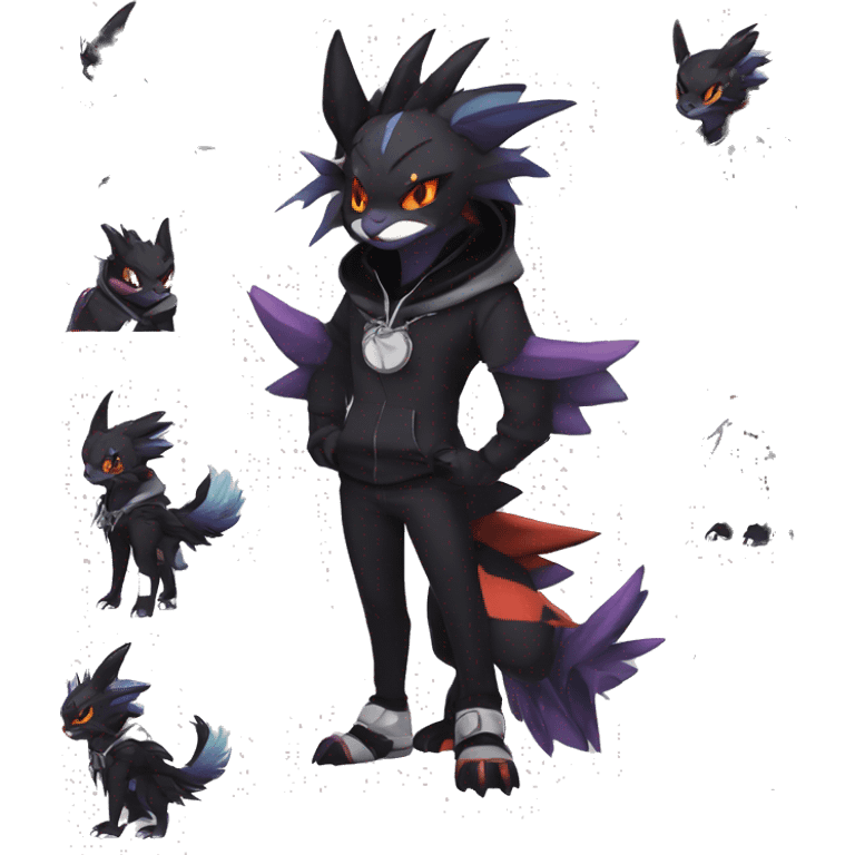 Cool Anthro Black Noivern-Absol-Litten-Pokémon with edgy stripes hoodie spiked collar punk Full Body emoji