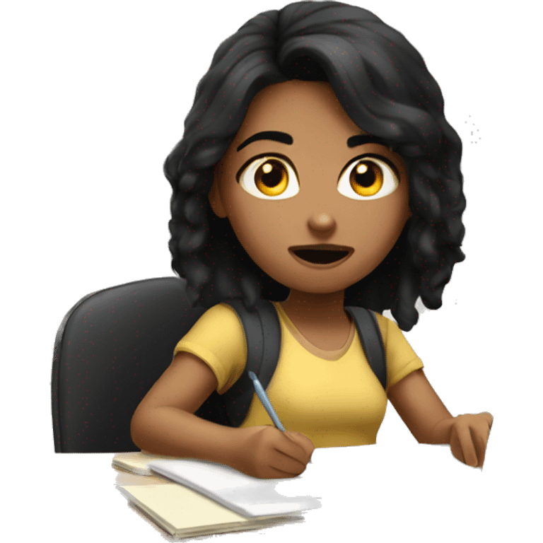 Girl with black hair doing homework nervous emoji