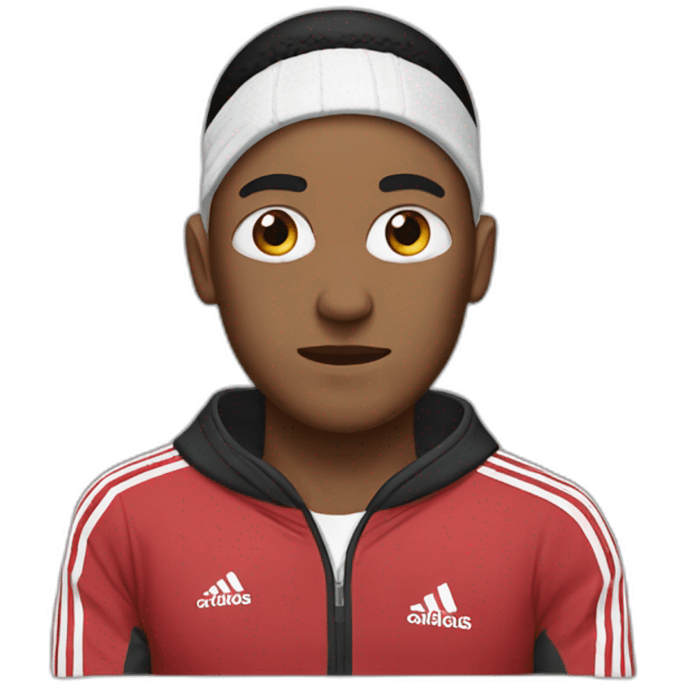 guy in an adidas tracksuit with a bandage on his ear and a black eye emoji