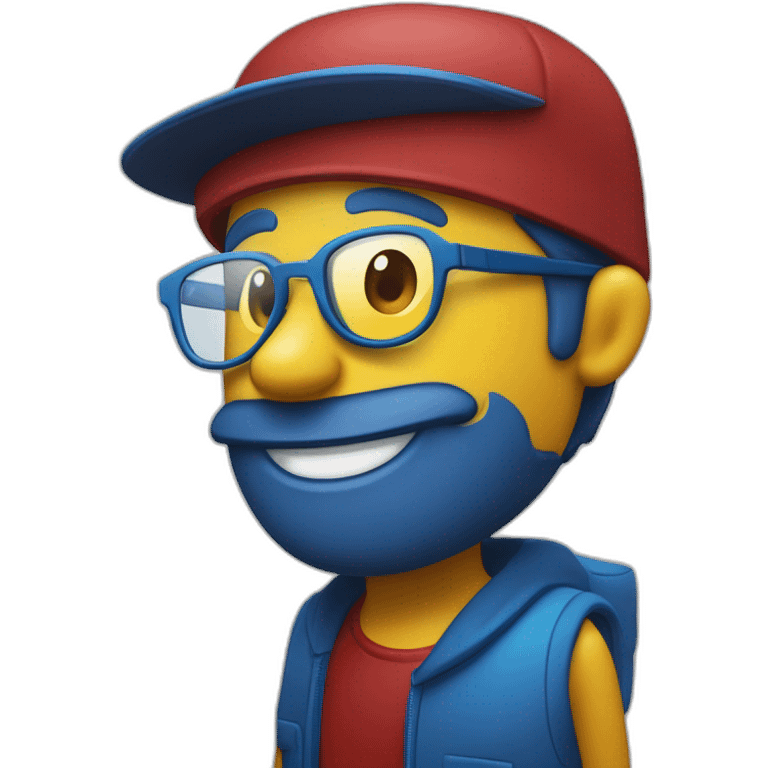 hombre con gafas oscuras sonriendo y con un gorro de color en el siguiente orden: amarillo,azul y rojo emoji