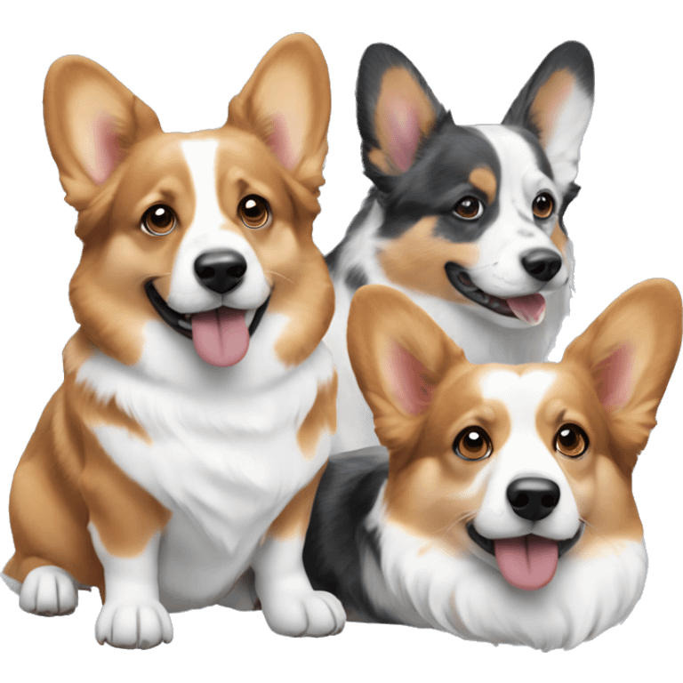 Three corgis. One is a red headed tri, one is a black headed tri, and one is a blue Merle with blue eyes emoji