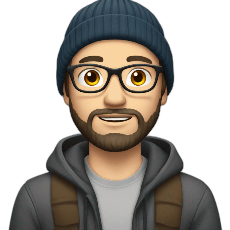 young dark-haired white man with a beanie, glasses and beard emoji