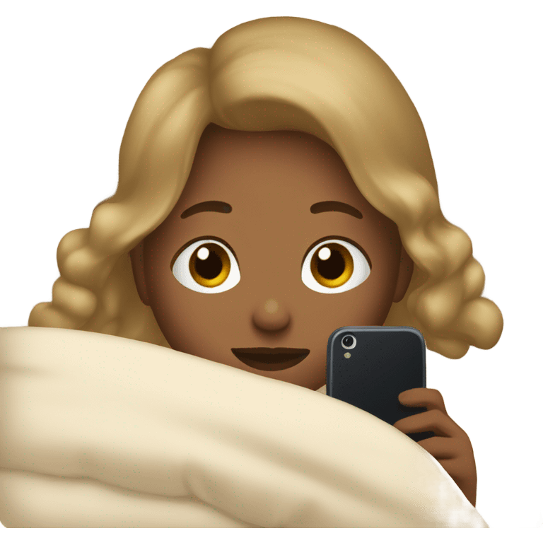 girl on her phone in a bed with a beige comforter  emoji