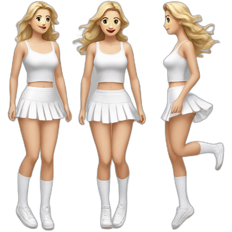 Hyperrealistic Full body Caucasian curvy beauty jumping short white skirt back and front views strong wind knickers long white socks emoji