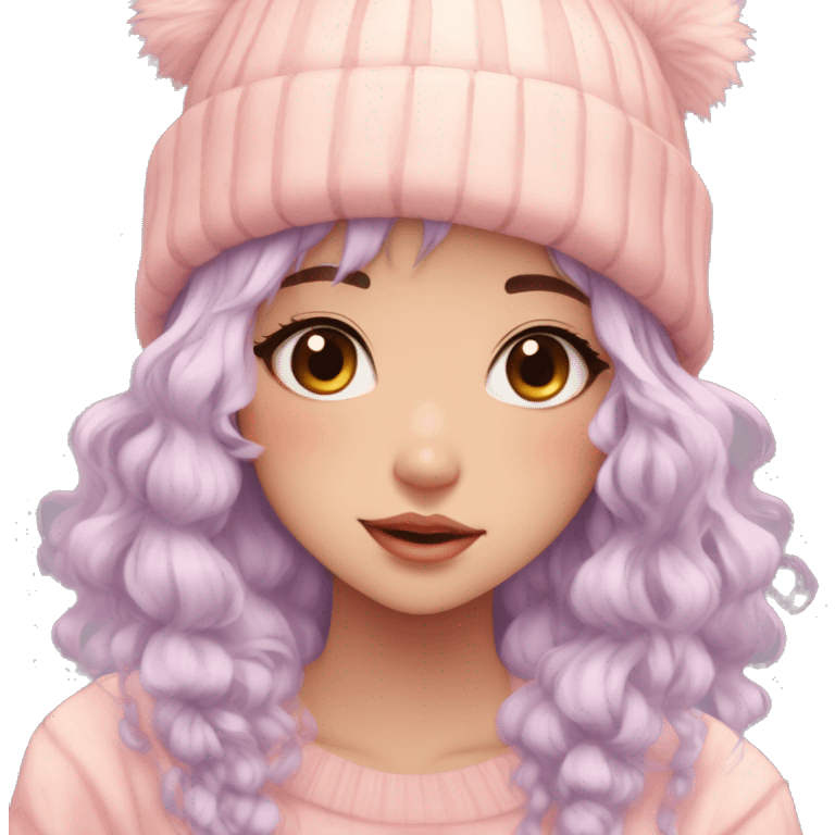 Gorgeous pastel anime girl with blushing face and hair garnitures and pretty hair and a beanie aesthetic trending style emoji