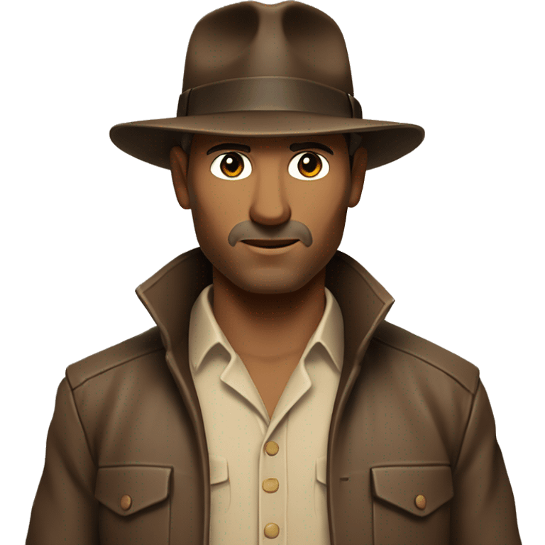 White Indiana Jones with a dark brown jacket and a brown hat, beige shirt emoji