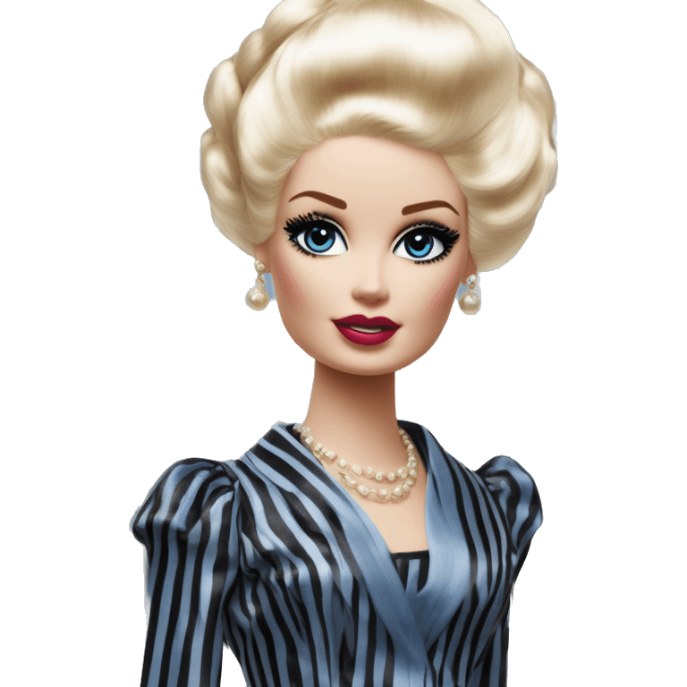 1920s Blonde Silkstone Marie Antoinette Barbie enid sinclair from academy in a blue and black vertically-striped classic dress. riding hot rod bikes with crows emoji