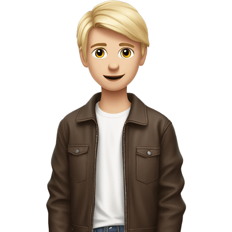 A 17-year-old boy of Scandinavian-Slavic appearance, with shoulder-length blond hair (pink hair at the tips), wearing a white T-shirt and a brown leather jacket shows a heart with his fingers emoji