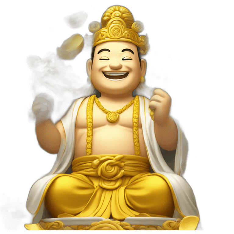 Smiling photo realistic enchanting chinese god of wealth surrounded by gold barse emoji