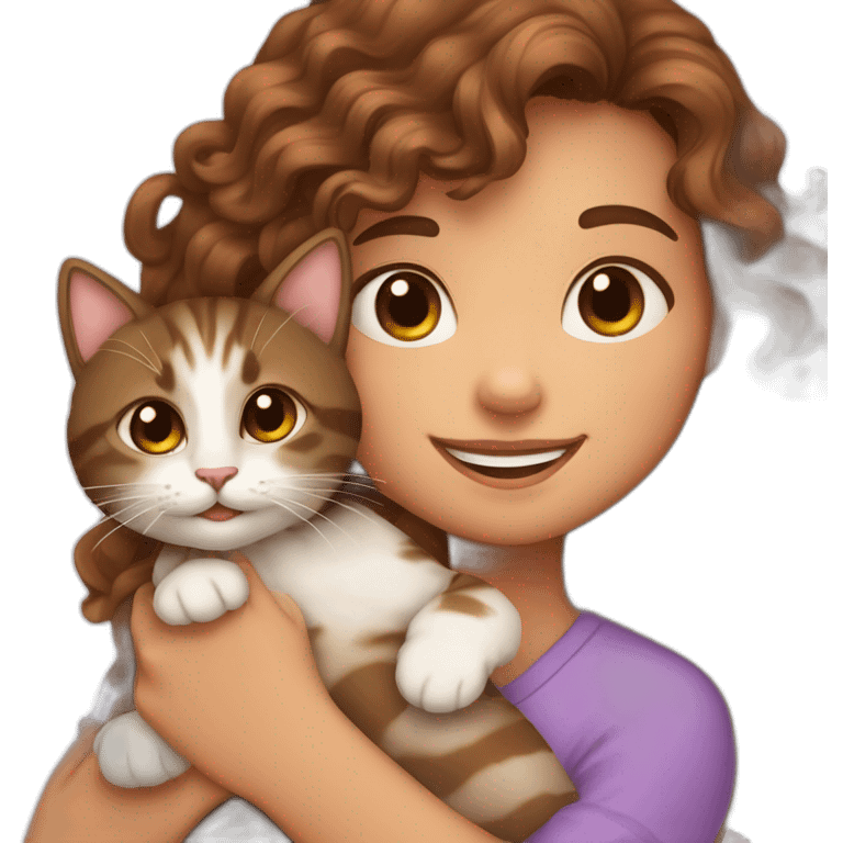 Girl long curly brown hair smiling et tenant brown eyes and holding a cat in her arms emoji