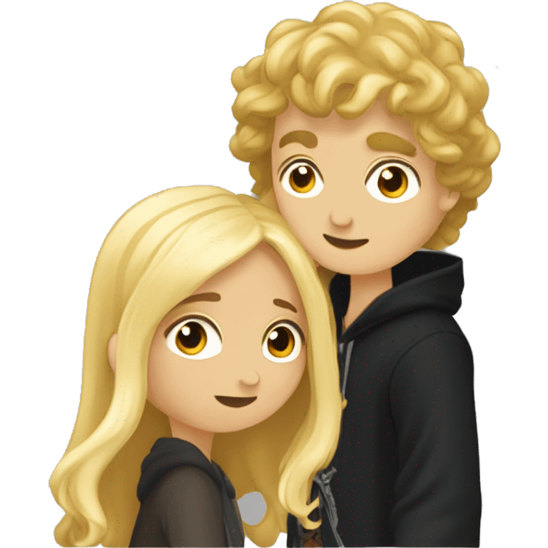 Pippin-hobbit wearing hoodie passionately kissing pretty blonde woman with black top emoji