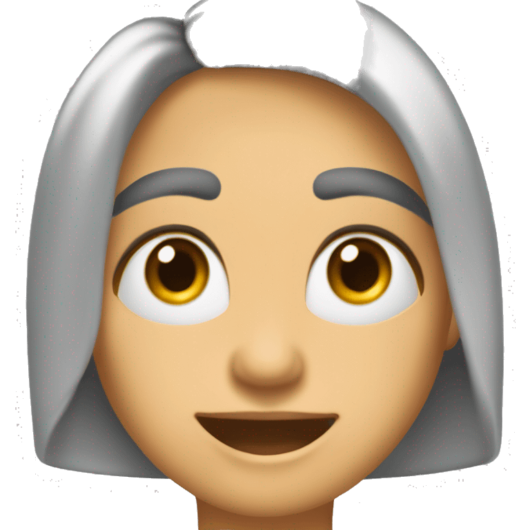 Mujer 45 años, caucásica, melena castaña a la altura del hombro con flequillo recto encima de los ojos, ojos castaños, sonriente, con hoyuelos en las mejillas emoji