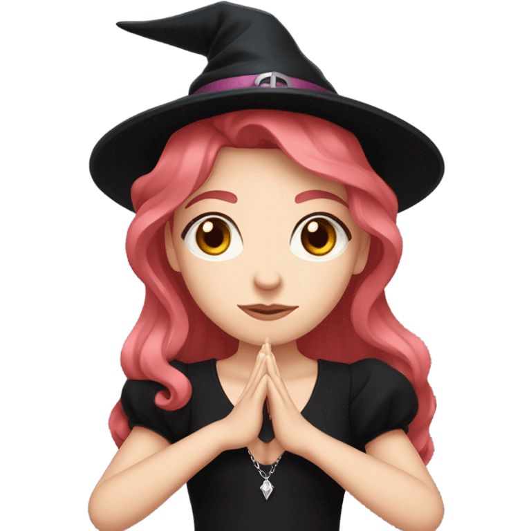 pale young witch wearing a low cut black dress, a pink crystal necklace, and a witch hat, with red hair and bright brown eyes, making prayer hand emoji