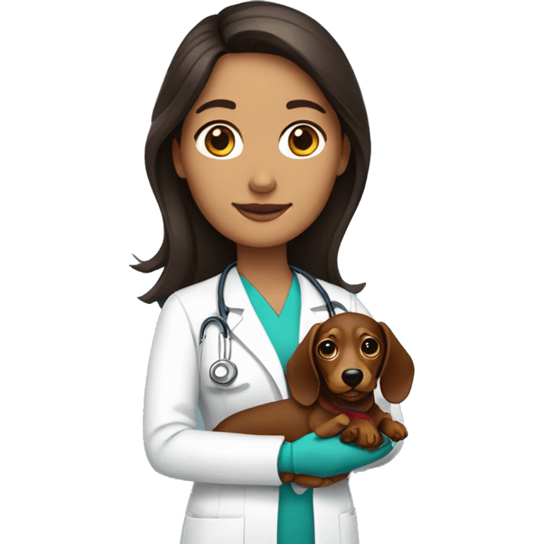 Brunette Medical worker holding a dachshund emoji