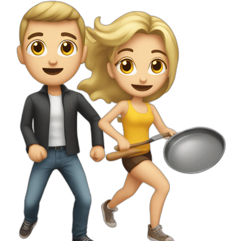 Blonde girl with a pan chasing brunette guy emoji