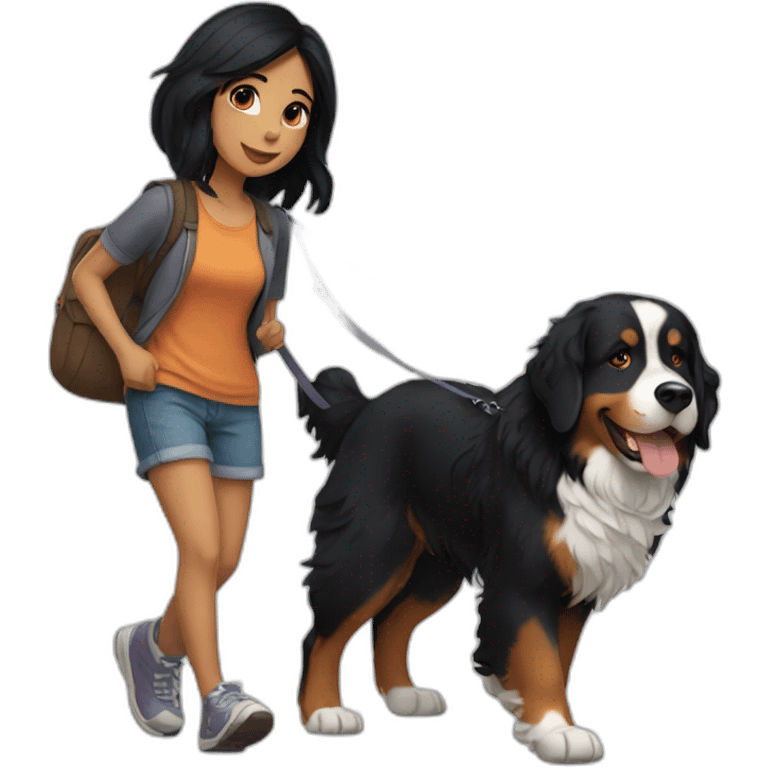 Girl with black hair walking a Bernese mountain dog  emoji