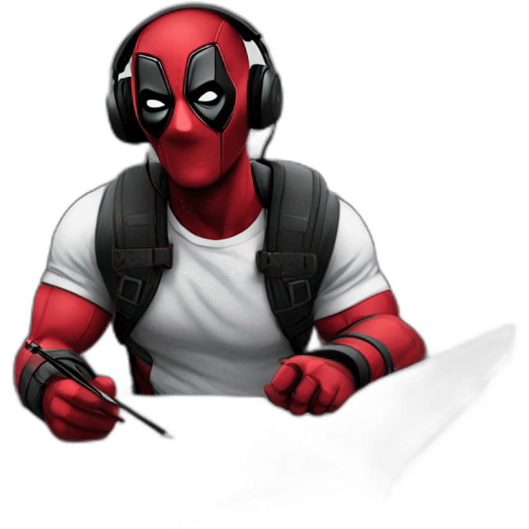 Deadpool-listening to music with headphones- on a bridge and he is drawing emoji