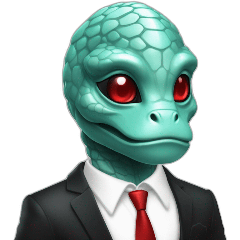 Aquamarine reptilian in classic black suite with red laser eyes on the middle of platinum coin emoji