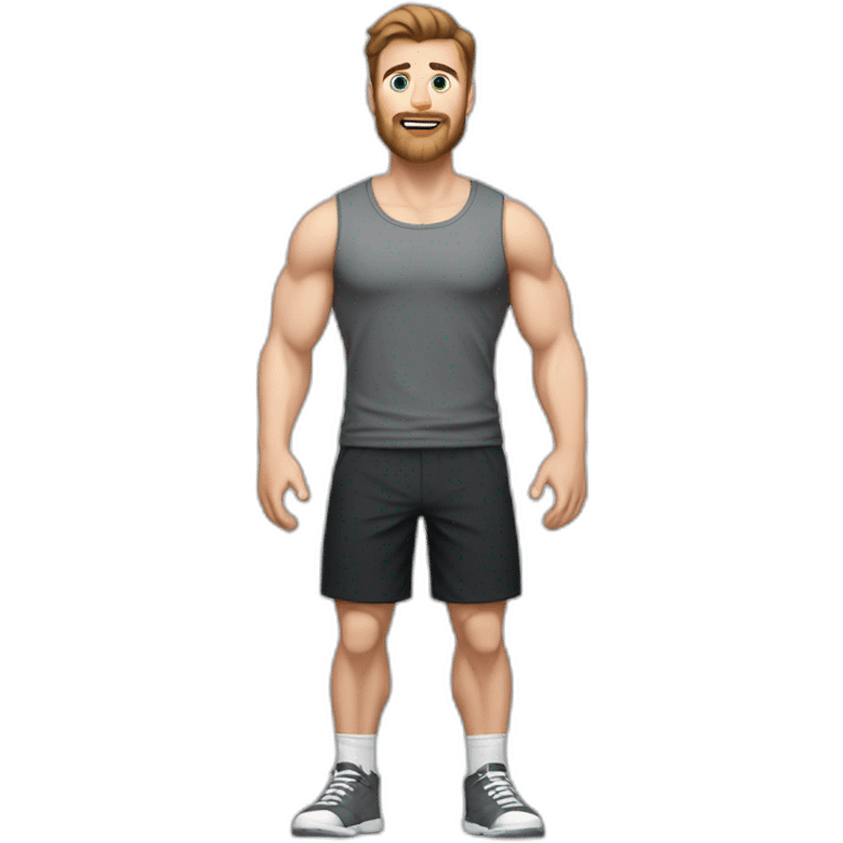 Full height Actively gesturing with hands Pale skinned Fit Man With the biceps and brown hair in dark gray Sleeveless Mike, black oversize sports shorts, watch and white Sneakers emoji