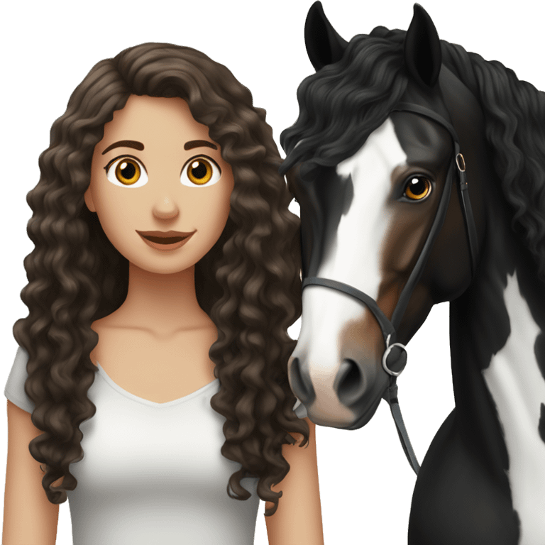 White girl, long brunette  curly hair, next to a black spanish horse emoji