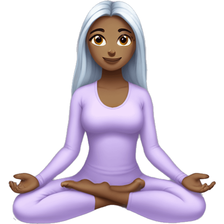 silver long hair and blue eyes yoga girl in light lavander clothes sitting on a yoga mat emoji