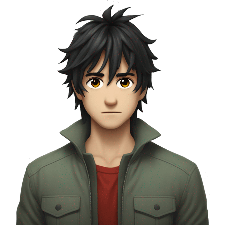 A man with messy black hair, long bangs covering his red right eye, and a gray-green left eye. His neutral expression, with a slight frown, gives off a serious, mysterious vibe. Full-body anime style, 8k realism LOVE hes white btw emoji