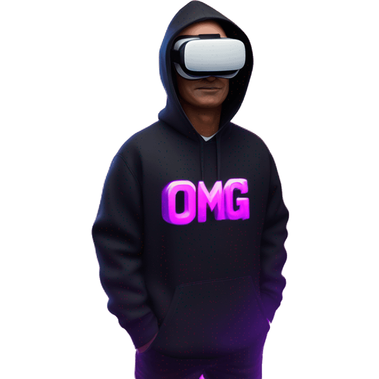 Putin wearing a black hoodie with "OMG" letters on it and VR headset oculus quest 2 in a cyberpunk VR environment with violet neon lighting. emoji