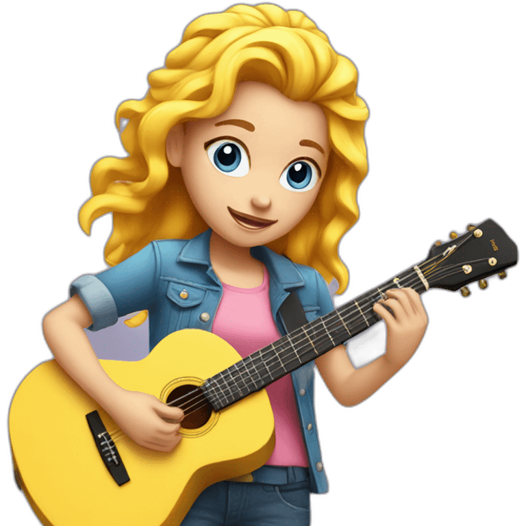 girl with blue eyes and long pink hair with a yellow and blue hairclip playing the guitar emoji