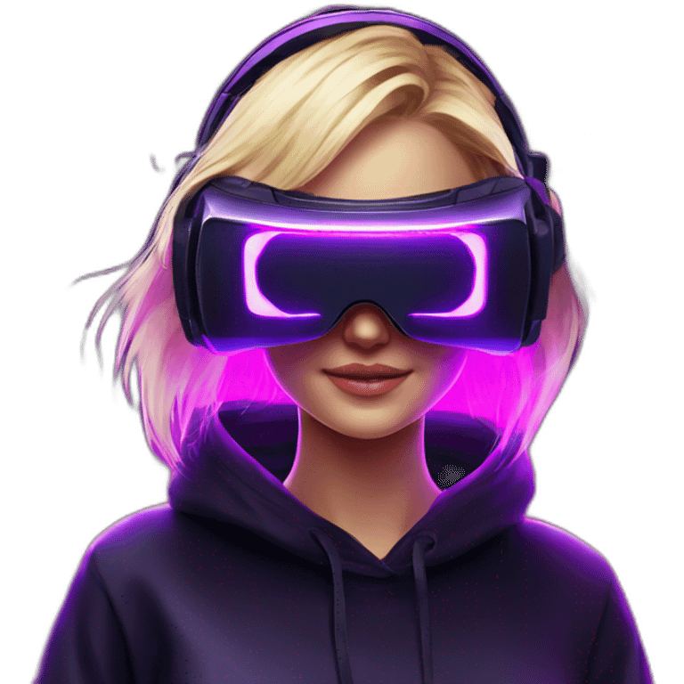 Russian blondy girl celebrating her birthday wearing a black hoodie and VR headset in a cyberpunk VR environment with violet neon lighting emoji