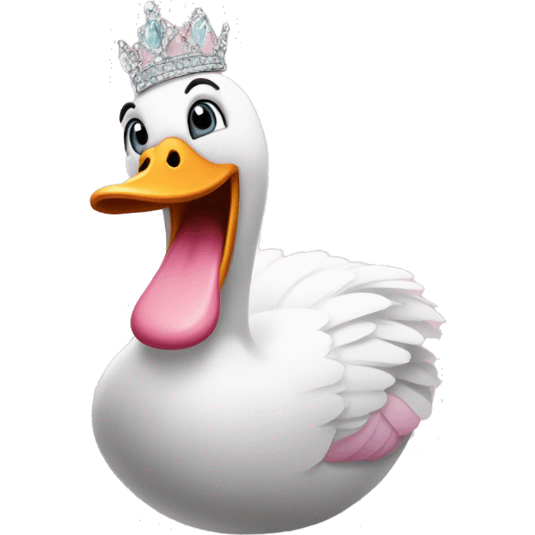 Pink silly goose wearing a tiara and smiling mischievously emoji