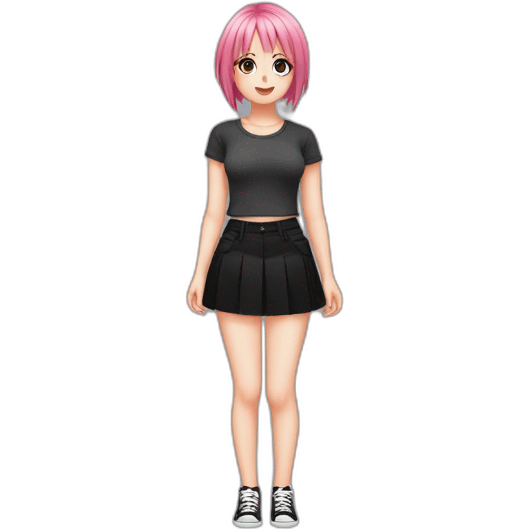 Full body Front view curvy emo girl pink hair sits on the floor straight view hands up black skirt белые трусики рваные полосатые чулки emoji