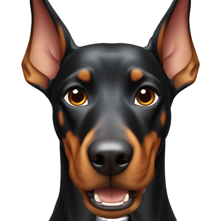 Doberman with pointed ears with a dog bowl in its mouth emoji