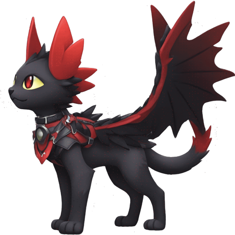 Kawaii cool edgy beautiful black red ethereal fantasy nargacuga-noivern-cat-Fakemon collar harness full body emoji