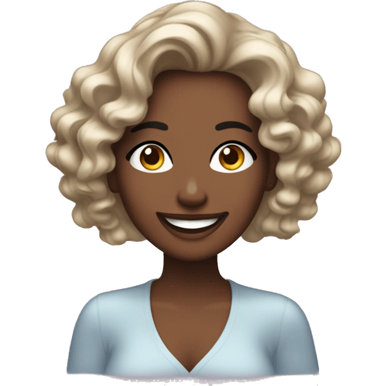 An emoji of a smiling woman with wavy, shoulder-length hair, wearing sparkling eye makeup and a soft, friendly expression. One hand gently touches her face, showcasing her elegance and joy emoji