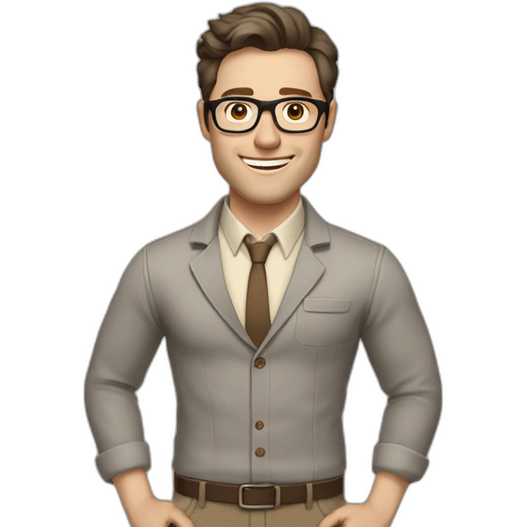 Joyful Pale skinned Fit Man With dark brown hair in gray jacket, beige office shirt, Brown pants and vintage glasses. His thrumbs up emoji