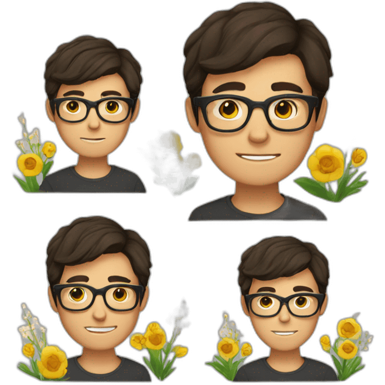 german dark short haired guy wearing glasses and dark t-shirt with flowers print emoji