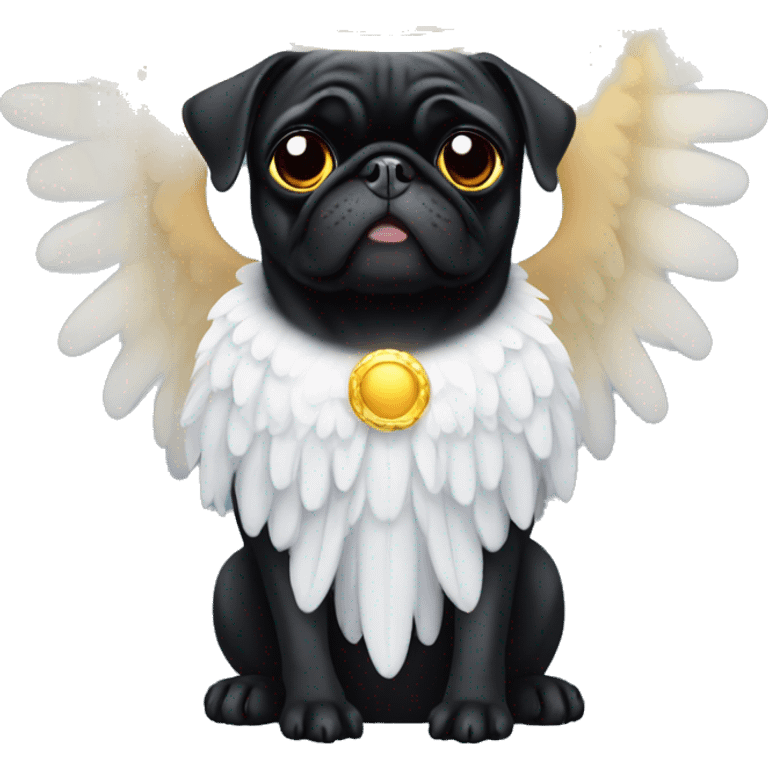 Black pug with angel wings and a halo emoji