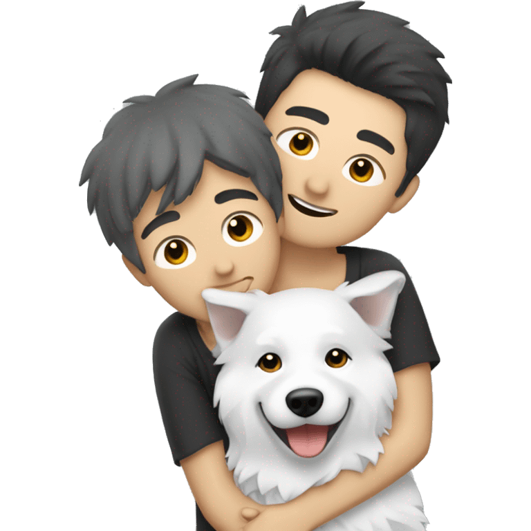 a men with grey and black short hair hugging japanese spitz emoji