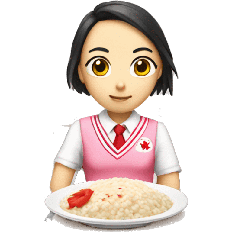 An avatar wearing pink panties red all-star with school uniform with japanese kanji eating a risotto emoji