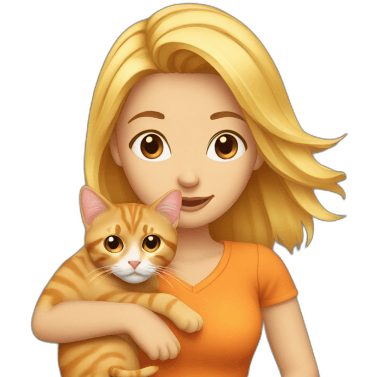 Blond woman holding an orange tabby cat emoji