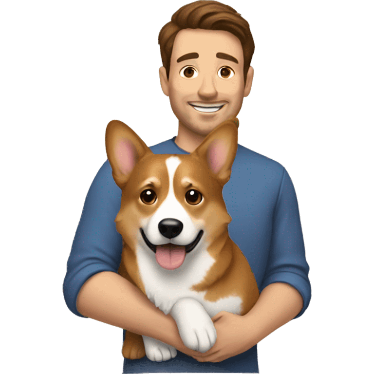 man with brown hair holding a corgi  emoji