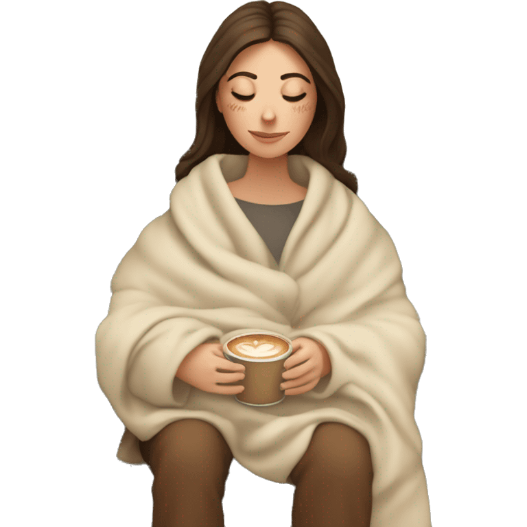 Brunette white girl covered in blanket autumn vibe sitting on a cozy chair holding coffee eyes closed emoji