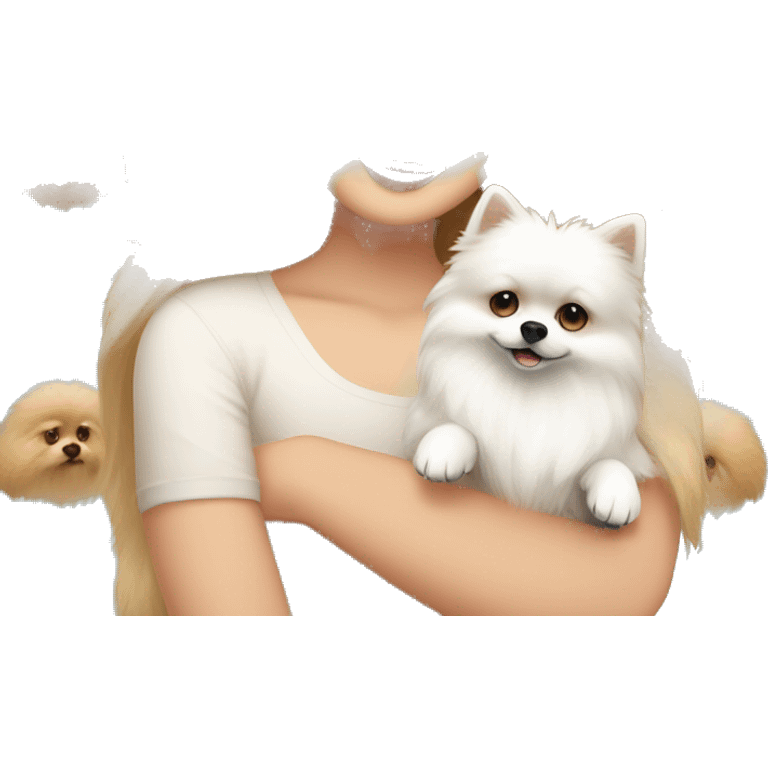 Blond girl white skin blue eyes hugging white Pomeranian and brown Pomeranian  emoji