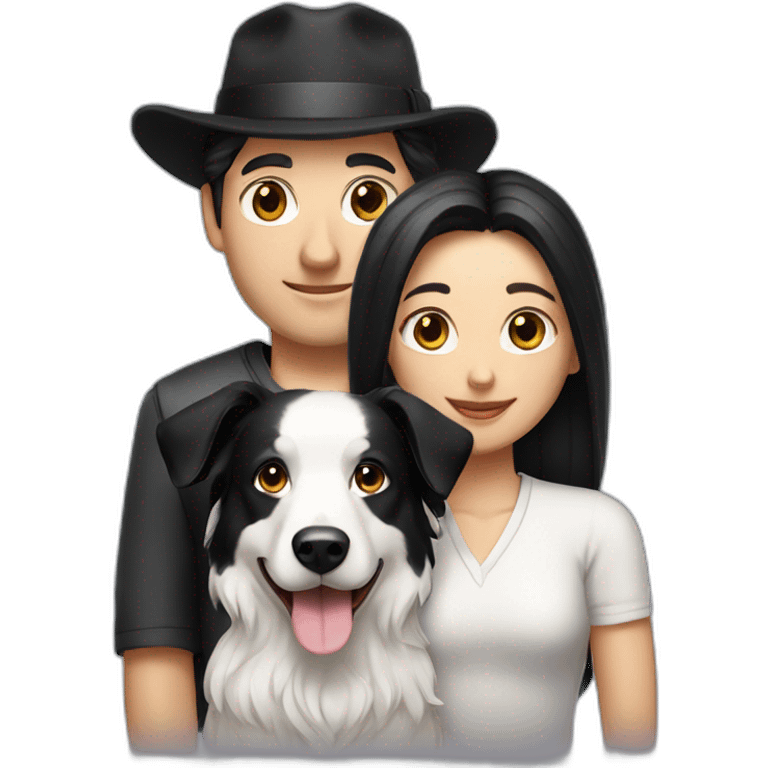 white family group consisting of man in hat and woman with black ponytail long hair and small black border collie dog emoji