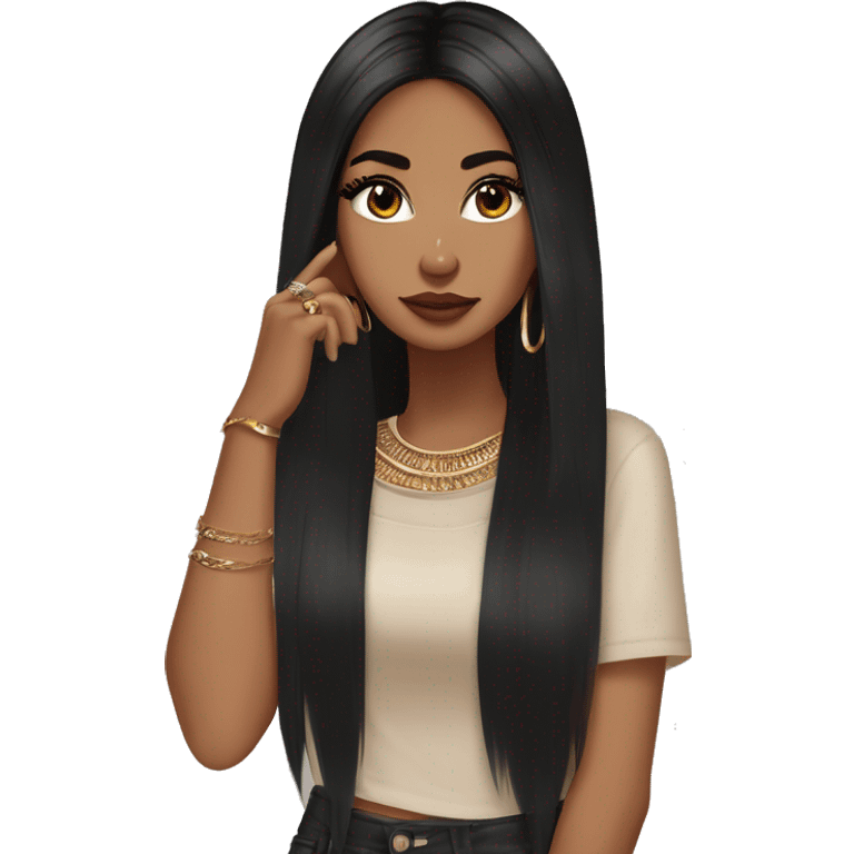 Glamorous, streetwear, black hair, long straight hair, olive skin, brown almond eyes, winged eyeliner with big lashes, wearing hooped earrings, rings and bracelets, almond fake nails emoji