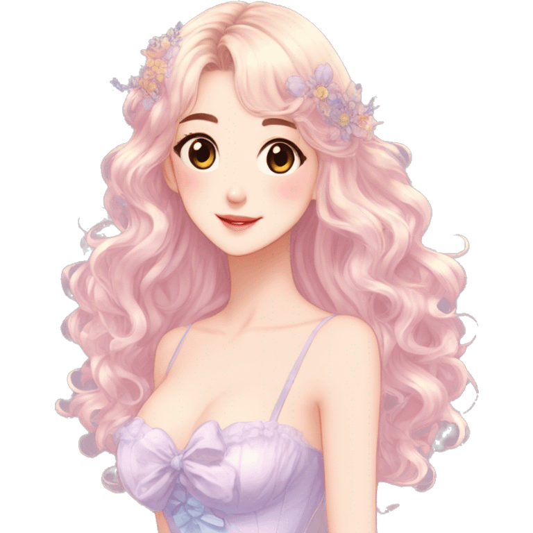 gorgeous pretty attractive anime lady beautiful hair with gorgeous dress fairycore cottagecore pastelcore detailed high quality trending VOGUE aesthetic head and bust emoji