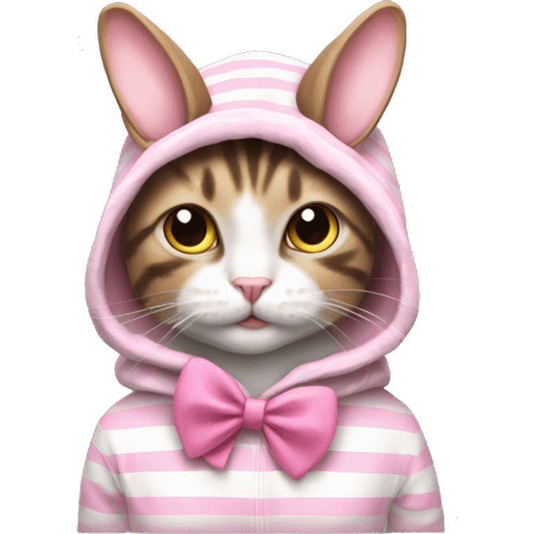 striped cat IN a BUNNY HOODIE with pink bow tie emoji